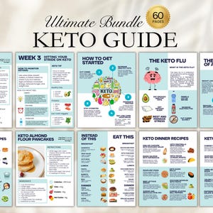 Puede incluir: Una guía colorida para la dieta cetogénica con 60 páginas de información. La guía incluye consejos sobre cómo empezar, cómo controlar tu progreso y cómo manejar la gripe cetogénica. También incluye recetas para el desayuno, la cena y los refrigerios. La guía está diseñada para ayudar a las personas a seguir la dieta cetogénica y alcanzar sus objetivos de salud.