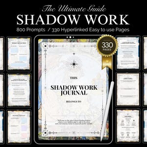 May include: A digital shadow work journal with the text "The Ultimate Guide SHADOW WORK" and "800 Prompts / 330 Hyperlinked Easy to use Pages." The journal includes prompts and pages for self-reflection and exploration. A stylus is included.