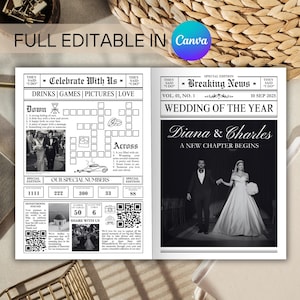 May include: A black and white wedding announcement in the style of a newspaper. The headline reads "Breaking News" and "Wedding of the Year". The couple's names are Diana & Charles, and the subheading is "A New Chapter Begins". The announcement also includes a crossword puzzle and a QR code.