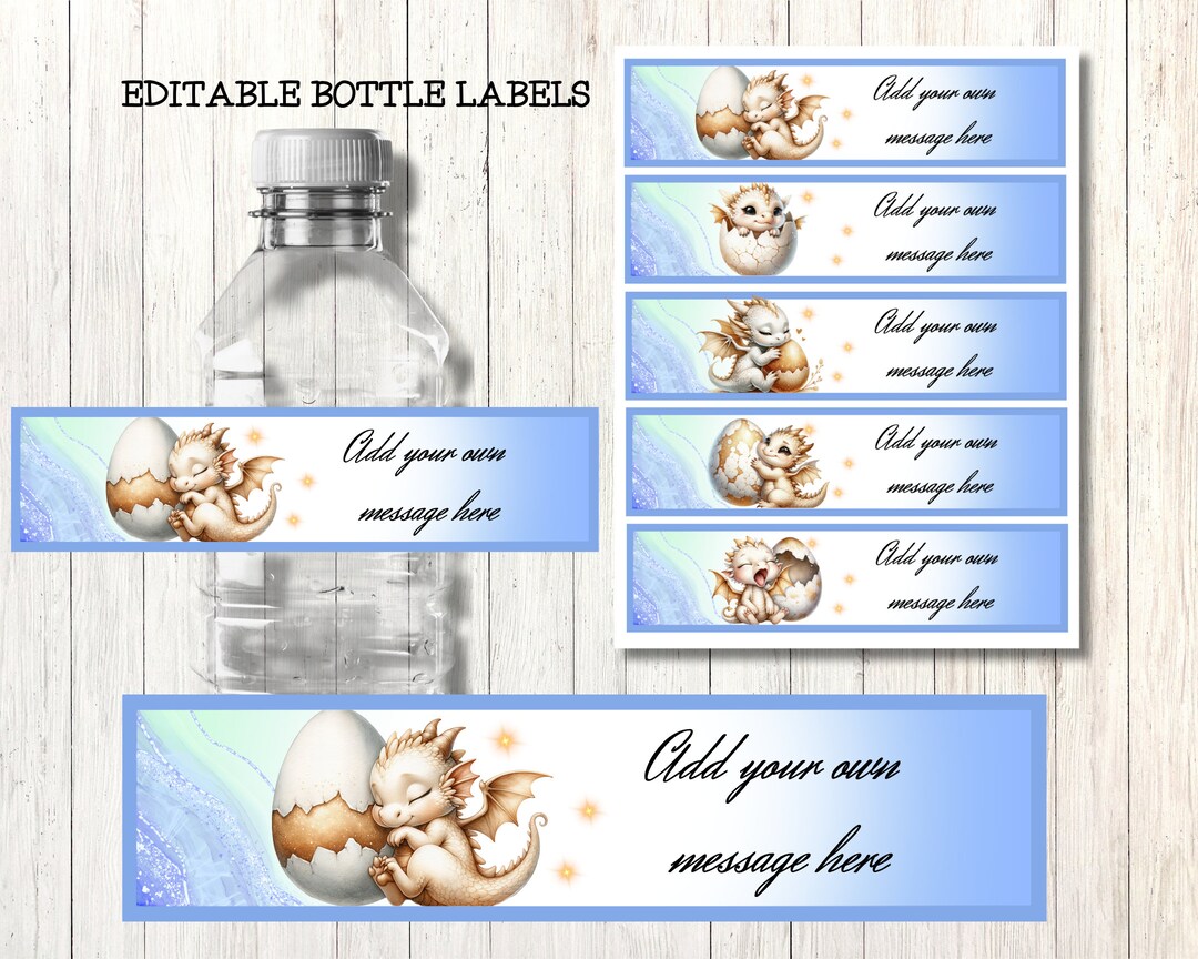 Boys Dragon Bottle Labels, Blue and Gold Baby Shower Decor, Dragon Egg ...