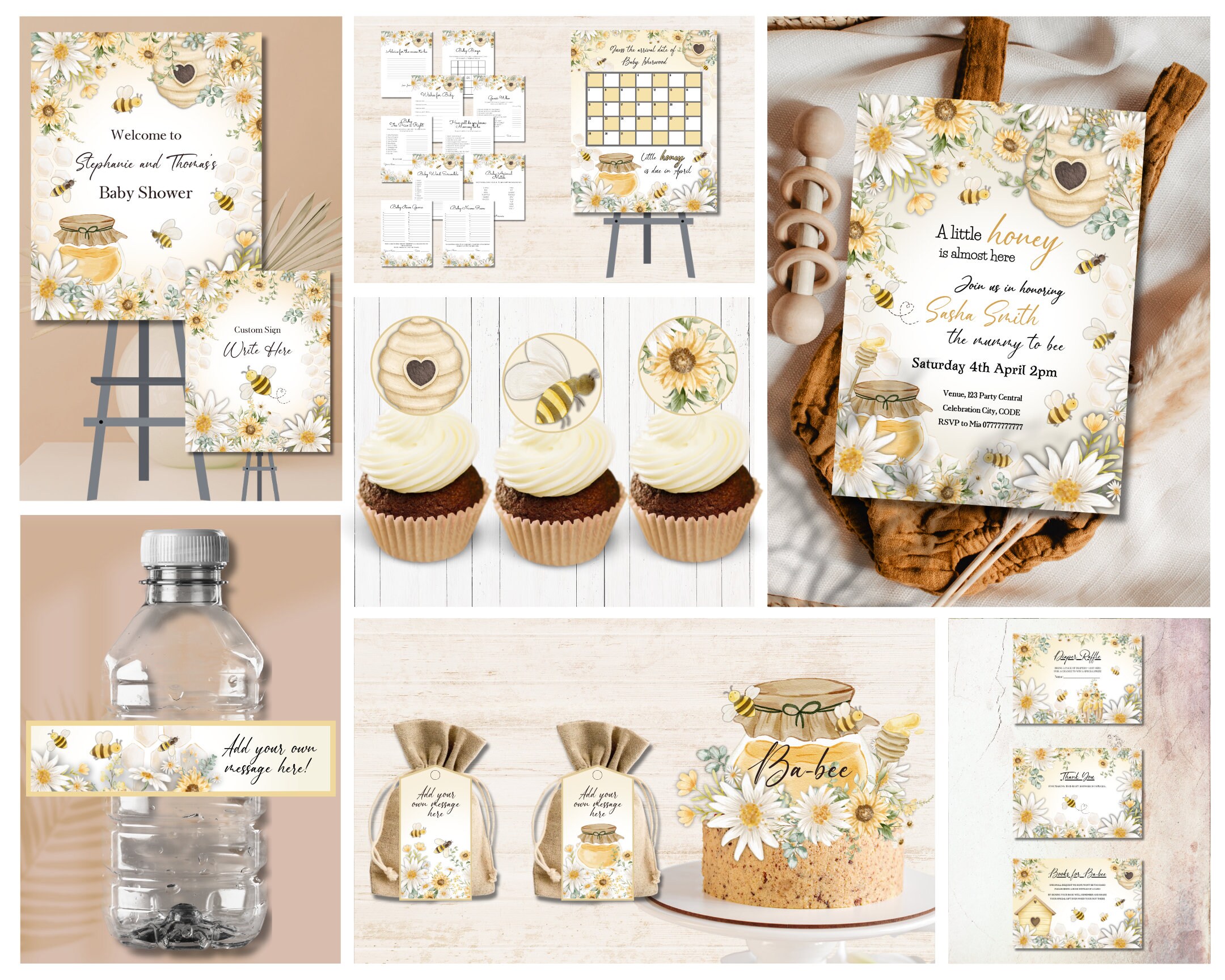 Bee Baby Shower Bundle, Sunflower Invitation, Bumble Bee Party Evite, Daisy Mobile Text Evite, Welcome Signs, Banner, Tags, Toppers