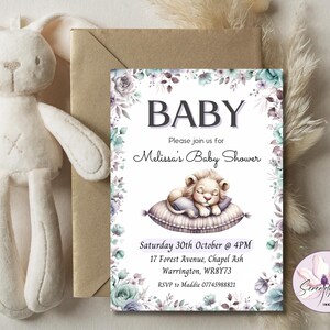 Invitation de baby shower lion, invitation violette et verte, non sexiste, invitation imprimable Lion mignon, texte bébé endormi Evite S0321