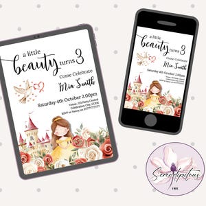 Invito a tema "La Bella e la Bestia", decorazioni per feste con rose rosse, invito stampabile a tema "Belle", invito con testo per il compleanno di una bambina, invito a tema "Principessa e il Castello" S0375