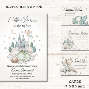 Grüner Drache-Babyparty-Bundle, Baby-Drache einladen, Drache-Ei-Dekor, Dankes-Karte, Bücher für Baby-Karte, Windel-Verlosungskarte