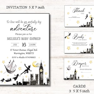 Peter Pan babyshowerbundel, afdrukbare Tinkerbell-uitnodiging, piratenschipfeestavond, genderneutrale RSVP-kaart, bedankkaartpakket, bewerkbaar