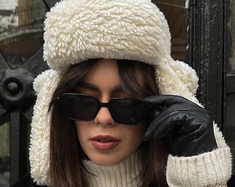 Milky faux fur aviator hat, winter trapper hat with ear flaps, warm women hat