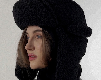 Black faux fur hat, winter trapper hat with ear flaps, cozy headwear accessory
