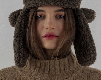 Warm grey brown winter hat with ear coverage, faux fur aviator style, cozy everyday accessory