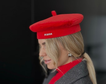 Red velvet beret hat, women’s silk beret, elegant French style cap