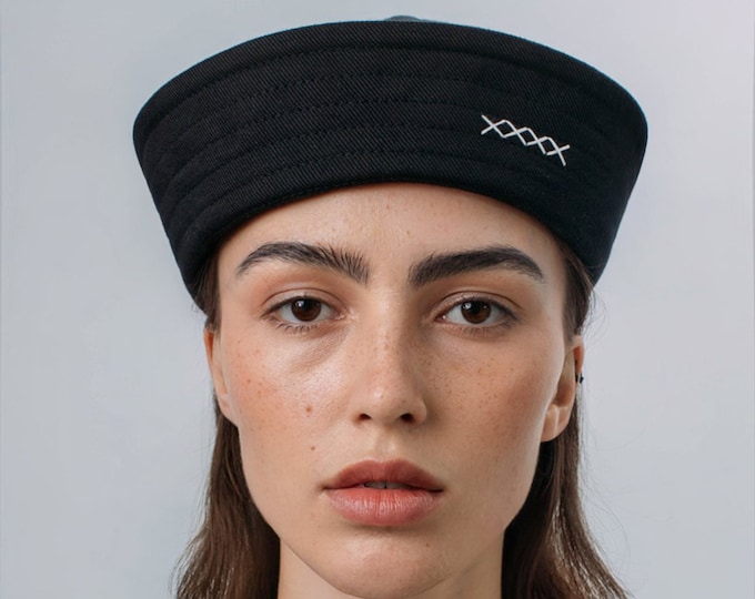 Sailor Hat.03 in black denim — a minimalist cotton sailor hat, handmade with love in Ukraine
