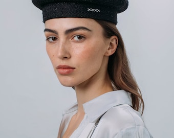 Classic inspired black beret in textured tweed, soft structure, modern statement accessory for women