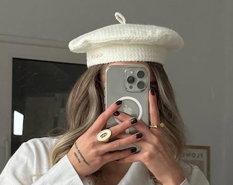 Milk classic beret, soft structured cap, handmade cross detail, elegant accessory, gift for sister