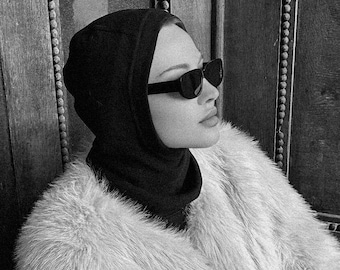 Black cotton hood scarf, women balaclava hood, minimalist head covering, winter fashion accessory