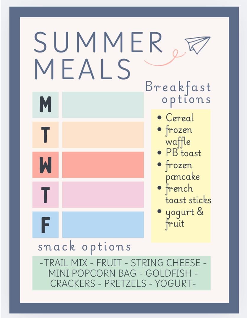 Summer Meal Plan Menu for Kids | Nanny meal plan | Editable | colorful