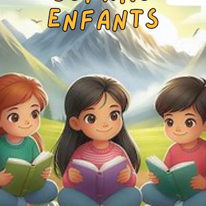 Peut inclure: Trois enfants sont assis sur une colline herbeuse devant une chaîne de montagnes, chacun tenant un livre ouvert. Le texte "SOPHRO ENFANTS" est affiché en jaune en haut de l'image.