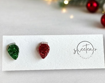 Christmas Light Bulb Glitter Stud Earrings, Small Sparkly Holiday Studs, Mismatched Studs, Gift for her, Secret Santa, Festive Jewelry