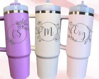 Floral Monogram Stanley Cup,  Custom Engraved 30 oz Personalized Tumbler with Straw and Handle, Bridal Wedding Party, Made of Honor gift