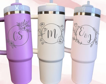 Floral Monogram Stanley Cup,  Custom Engraved 30 oz Personalized Tumbler Straw and Handle, Bridal Wedding Party, Made of Honor, Gift for her