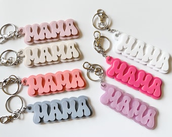 Retro Mama Keychain,  Diaper Bag Tag, Groovy Mom Keychain, Mothers Day, Baby Shower, Mama Purse Tag, Monochrome Acrylic Retro Groovy Font
