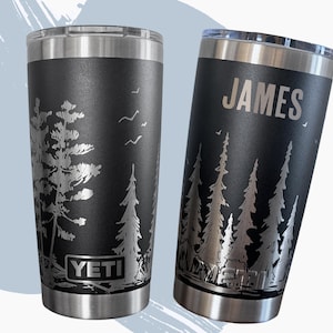 Custom Tree Wrap YETI Rambler 20oz, Pine Forest Birds Engraved Tumbler, Gift for him / her, Dad, Husband, Hiker, Nature Lover, Fathers Day