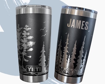 Custom Tree Wrap YETI Rambler 20oz, Pine Forest Birds Engraved Tumbler, Gift for him / her, Dad, Husband, Hiker, Nature Lover, Fathers Day