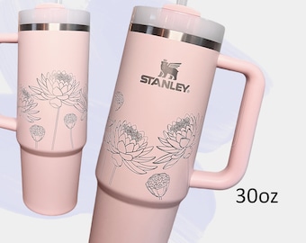 Floral Stanley cup 30oz, Custom Engraved Lotus Flower tumbler with handle and straw, Personalized gift for her, graduation, teacher gift