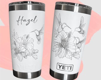 Personalized Hummingbird YETI Rambler 20oz, Hibiscus Flower Engraved Tumbler, Mothers Day, Mom, Birthday, Grandma, Custom Gift for her