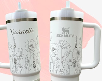 Personalized Floral Stanley Cup 30 oz, Poppy Flower Engraved Tumbler, Wildflower Etched Cup, Gift for her, Teacher Gift
