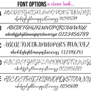 Peut inclure: Graphique blanc pr&eacute;sentant cinq options de polices, chacune avec des alphabets majuscules et minuscules, et des chiffres. Le texte "FONT OPTIONS a closer look..." est en haut. Chaque police est &eacute;tiquet&eacute;e de A &agrave; E, pr&eacute;sentant diff&eacute;rents styles de calligraphie.