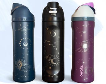 Personalized Celestial Owala FreeSip 24 oz water Bottle, Custom Moon and Stars Engraved Tumbler