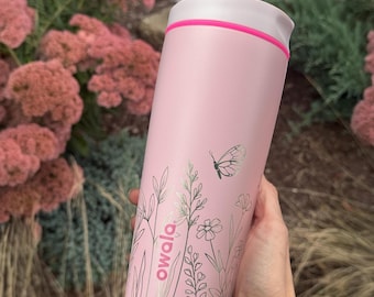 Personalized Owala SmoothSip Slider 20oz Coffee Tumbler: Wildflower Butterfly Engraved Travel Mug