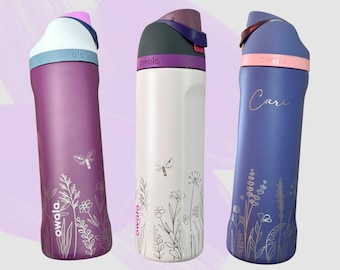 Personalized Owala FreeSip 24 oz water Bottle, Custom Wildflower Engraved Tumbler