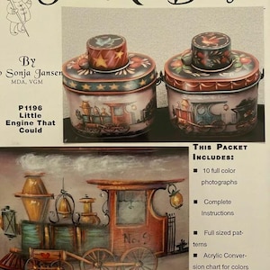 May include: Folk Art Designs pattern for painting a train engine and boxcar. The pattern includes 10 full-color photographs, complete instructions, full-sized patterns, and an acrylic conversion chart. The pattern is titled "P1196 Little Engine That Could".