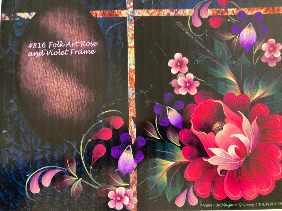 Tole Painting Pattern : Folk Art Rose and Violet Frame by Maureen