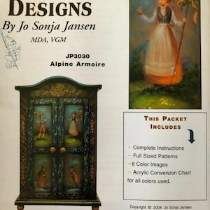 May include: Folk art design pattern for an alpine armoire. The pattern includes complete instructions, full-sized patterns, 8 color images, and an acrylic conversion chart. The armoire is painted in a blue and green color scheme with intricate details. The pattern is titled "JP3030 Alpine Armoire".