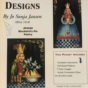 May include: A book cover titled "Folk Art Designs" by Jo Sonja Jansen. The cover features illustrations of whimsical figures and a pie. The text includes "Blackbird's Pie Pantry" and a list of included items.