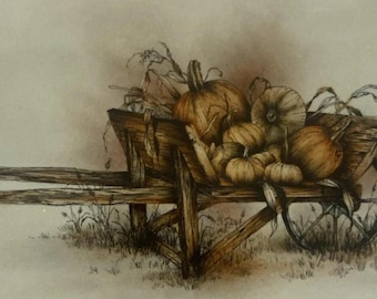 Vintage 1995 Pen & Ink w\ Rouged Oils Packet: Rustic Wheelbarrow by Mary Owens