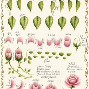 May include: A decorative painting technique sheet titled "Roses & Leaves" with instructions for creating leaves and roses using Deco-Art Americana Acrylics. The sheet includes color mixing guides and brushstroke techniques.