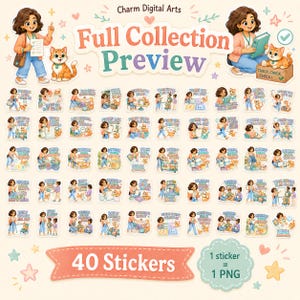 May include: A digital collection of 40 stickers featuring a cartoon character and an orange cat in various work and office scenarios. The text includes Charm Digital Arts, Full Collection Preview, and 40 Stickers, 1 sticker = 1 PNG.