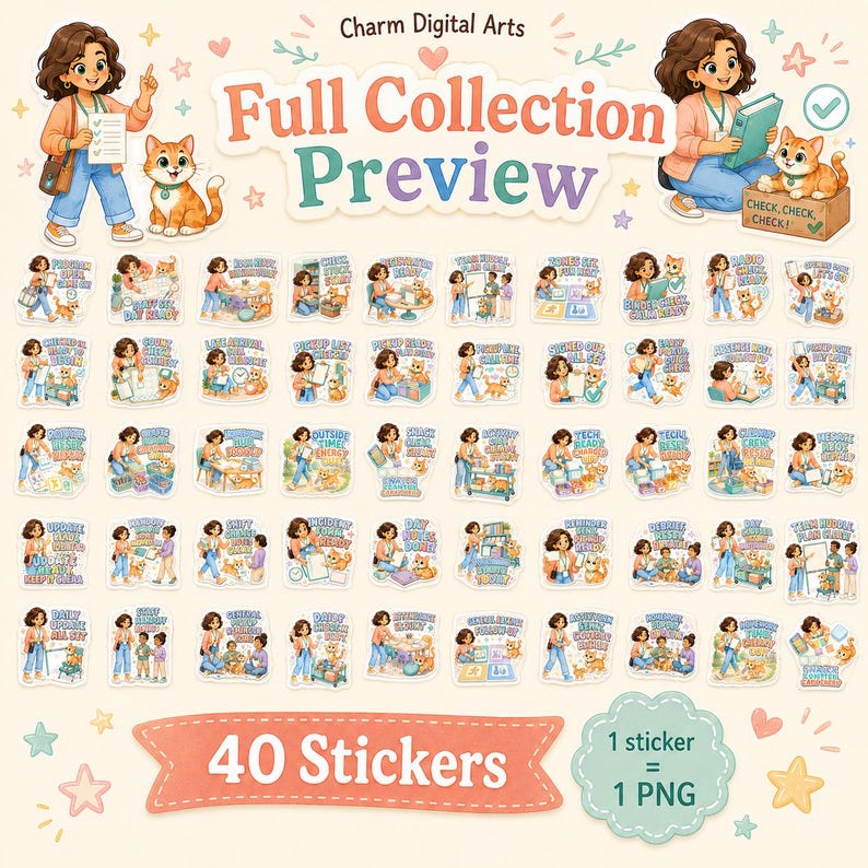 May include: A digital collection of 40 stickers featuring a cartoon character and an orange cat in various work and office scenarios. The text includes Charm Digital Arts, Full Collection Preview, and 40 Stickers, 1 sticker = 1 PNG.
