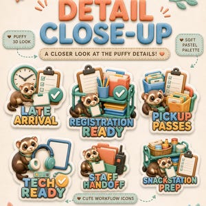 Peut inclure: Un ensemble d'autocollants num&eacute;riques intitul&eacute; Charm Digital Arts Detail Close-Up avec six ic&ocirc;nes 3D gonfl&eacute;es de furets et fournitures de bureau. Le texte inclut Late Arrival, Registration Ready, Pickup Passes, Tech Ready, Staff Handoff et Snackstation Prep.