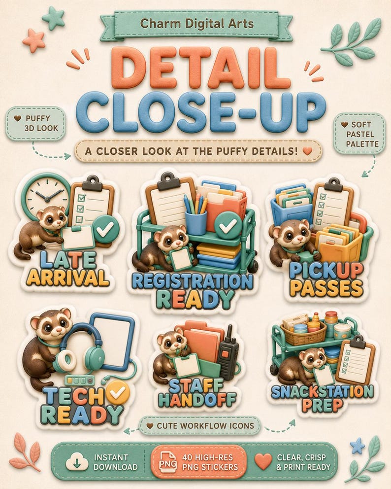 Peut inclure: Un ensemble d'autocollants num&eacute;riques intitul&eacute; Charm Digital Arts Detail Close-Up avec six ic&ocirc;nes 3D gonfl&eacute;es de furets et fournitures de bureau. Le texte inclut Late Arrival, Registration Ready, Pickup Passes, Tech Ready, Staff Handoff et Snackstation Prep.