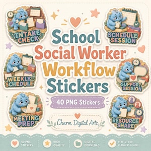 May include: A collection of 40 digital PNG stickers featuring a blue monster character in various school social worker tasks. The text reads School Social Worker Workflow Stickers, 40 PNG Stickers, and Charm Digital Arts, with labels like Intake Check, Schedule Session, Weekly Schedule, Support Session, Meeting Prep, and Resource Share.