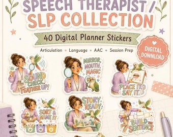 Speech Therapy Planner Stickers, 40 SLP Workflow PNGs for GoodNotes