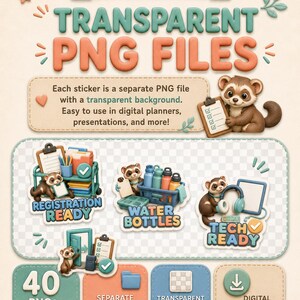 Peut inclure: Une fiche produit num&eacute;rique pour 40 fichiers PNG transparents avec des furets de dessin anim&eacute;. L'image affiche du texte incluant Charm Digital Arts, Transparent PNG Files, Registration Ready, Water Bottles, Tech Ready et 40 PNGs. Elle montre divers autocollants de furets avec des fournitures de bureau, des bouteilles d'eau et du mat&eacute;riel technologique.