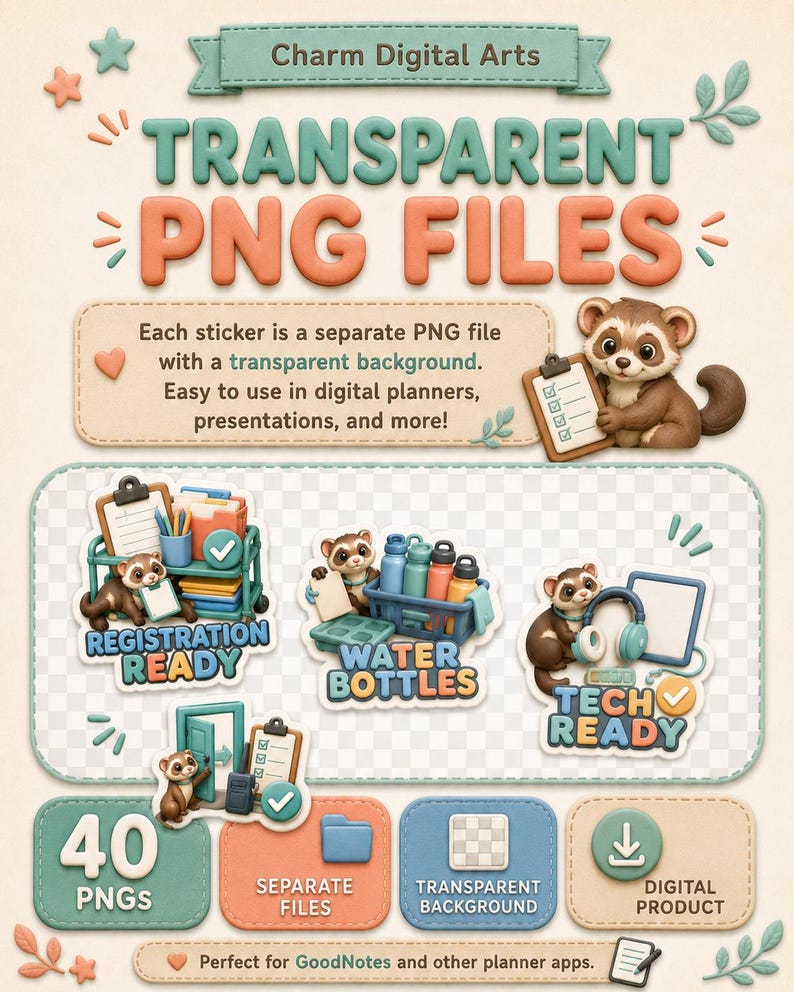 Peut inclure: Une fiche produit num&eacute;rique pour 40 fichiers PNG transparents avec des furets de dessin anim&eacute;. L'image affiche du texte incluant Charm Digital Arts, Transparent PNG Files, Registration Ready, Water Bottles, Tech Ready et 40 PNGs. Elle montre divers autocollants de furets avec des fournitures de bureau, des bouteilles d'eau et du mat&eacute;riel technologique.