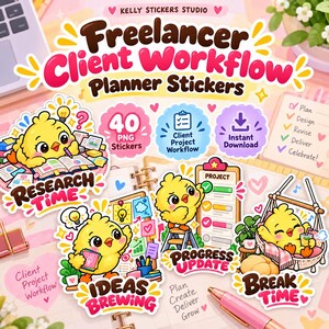 フリーランサー向けプランナーステッカー、クライアントワークフローPNG画像40枚、GoodNotesデジタルステッカー、プロジェクト管理＆ワークプランナー