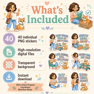 May include: A digital sticker set featuring an after-school programme coordinator and a ginger cat. The set includes 40 individual PNG files with transparent backgrounds, showcasing various work tasks with text like Daily Update and Supply Refill Ready.