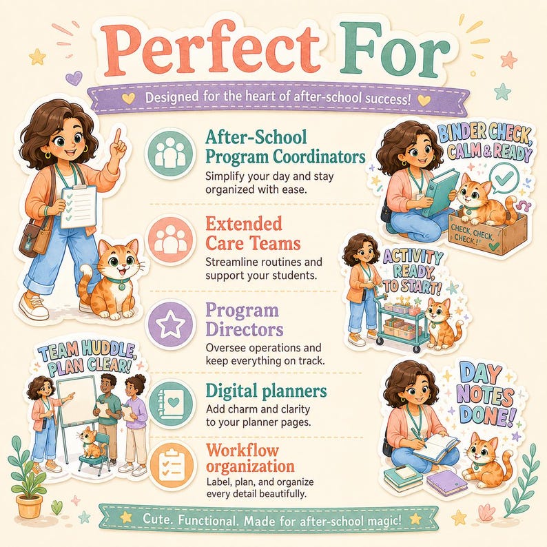 May include: An informational graphic featuring a cartoon person and an orange cat, with text including Perfect For, After-School Program Coordinators, Extended Care Teams, Program Directors, Digital planners, Workflow organisation, and various activity labels.