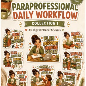 Autocollants de planificateur paraprofessionnel, 40 PNG de flux de travail pour GoodNotes